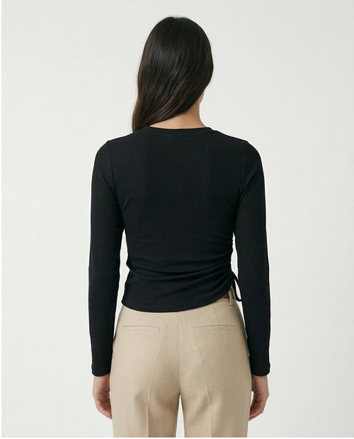 Ravin Women's Asymmetrical Ruched Side-Tie Ribbed Long Sleeve Top - Black - R213765