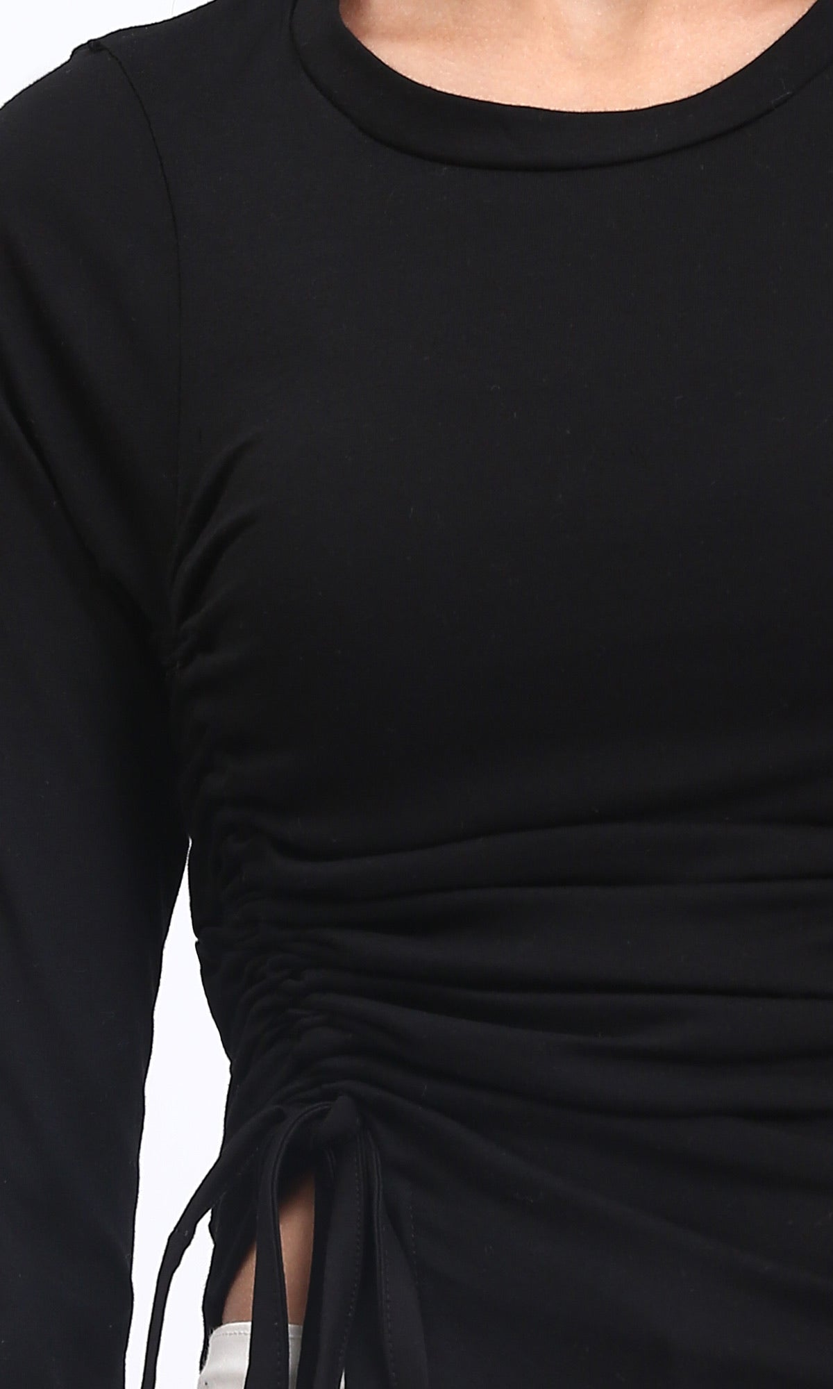 بلوزة رافين نسائية بأكمام طويلة ومضلعة برباط جانبي مزموم غير متماثل - أسود - R213765