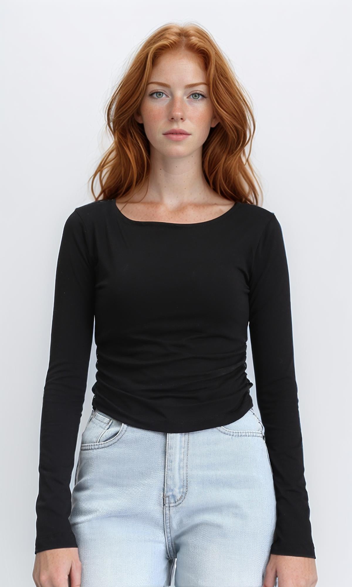 Boat Neck Long Sleeves Basic Top - Black