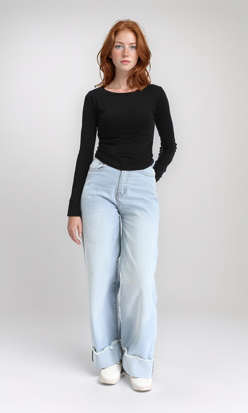 R213767 - Boat Neck Long Sleeves Basic Top - Black