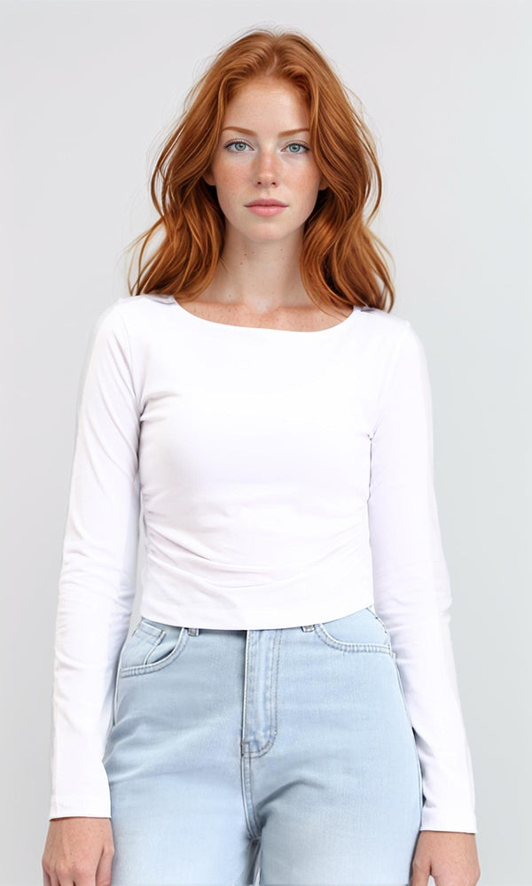 R213768 - Boat Neck Long Sleeves Basic Top - White