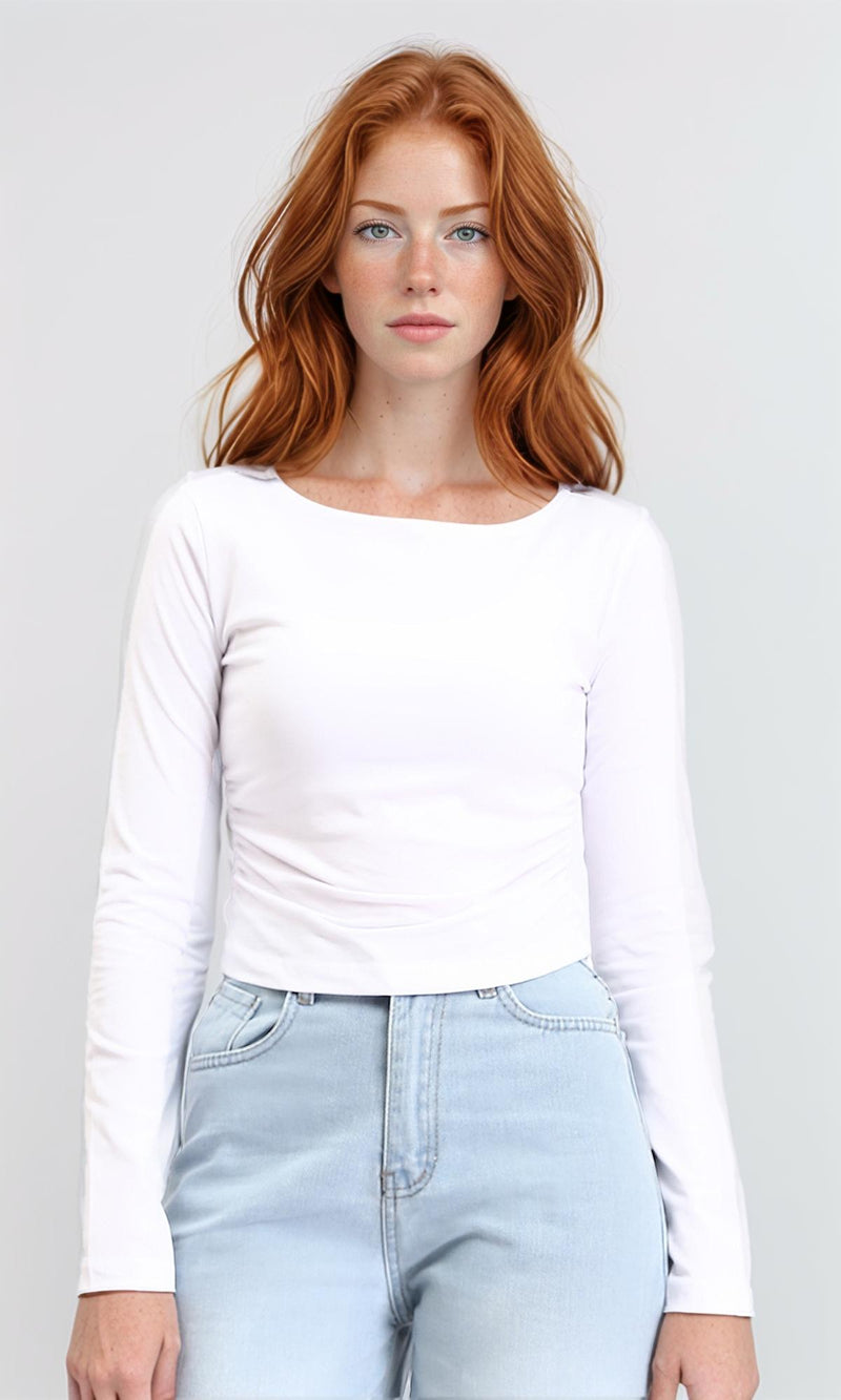 R213768 - Boat Neck Long Sleeves Basic Top - White