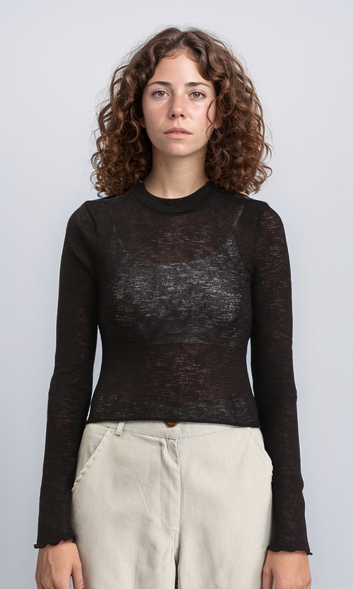 R213769 - Long Sleeves Mock Neck Sheer Top - Black