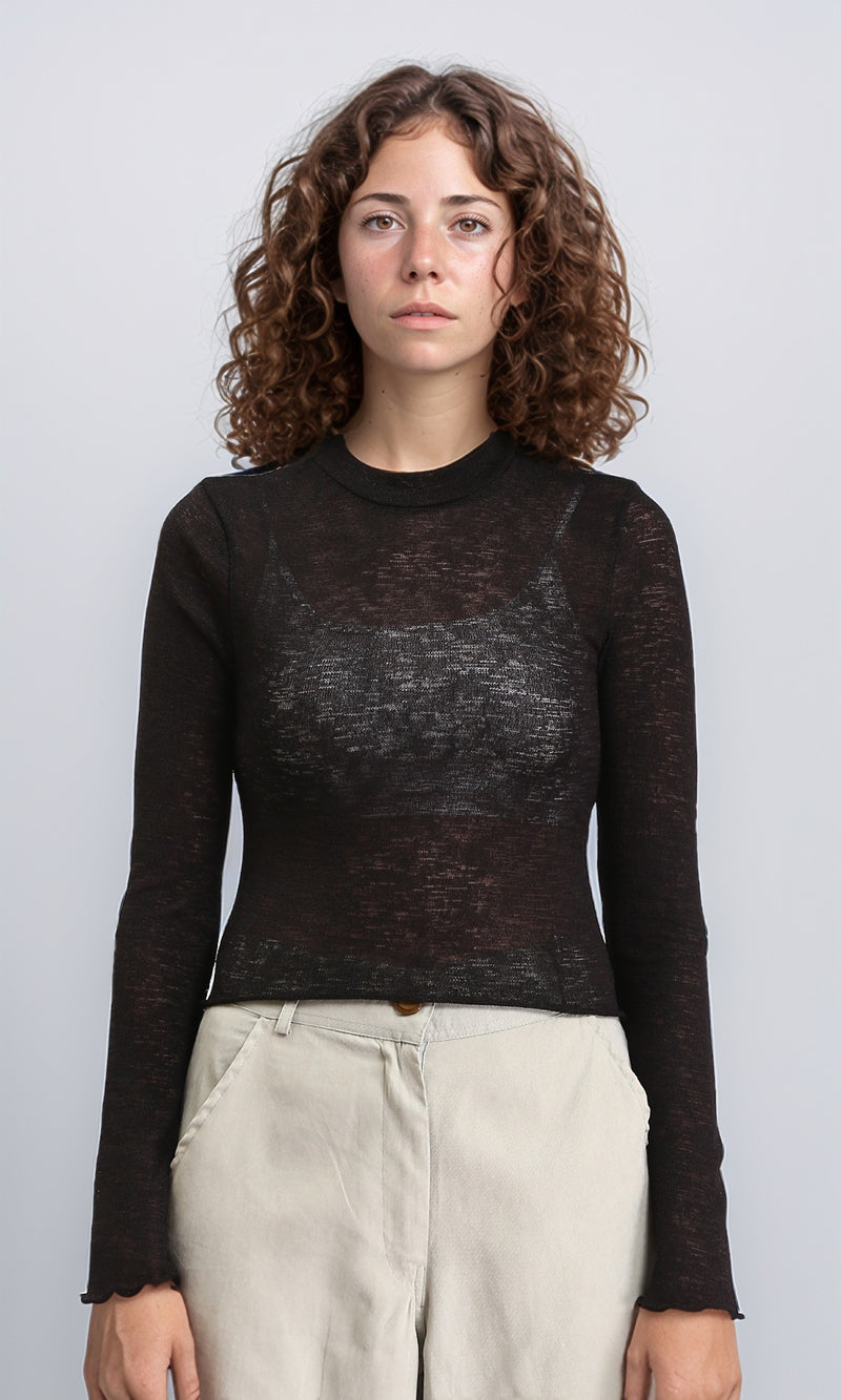 R213769 - Long Sleeves Mock Neck Sheer Top - Black