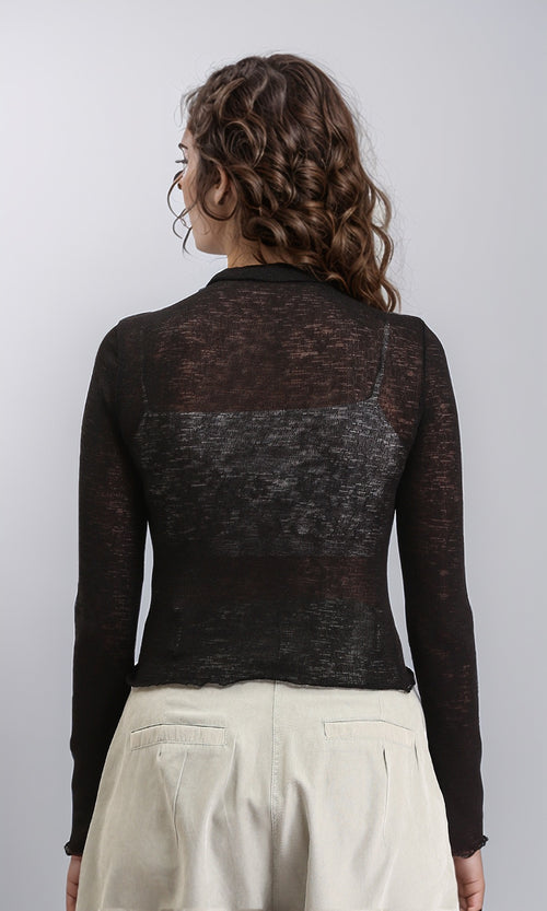 R213769 - Long Sleeves Mock Neck Sheer Top - Black