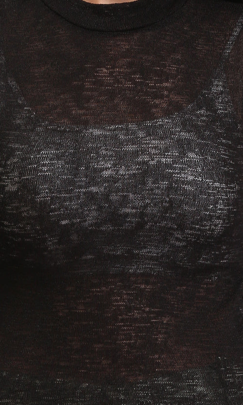 R213769 - Long Sleeves Mock Neck Sheer Top - Black