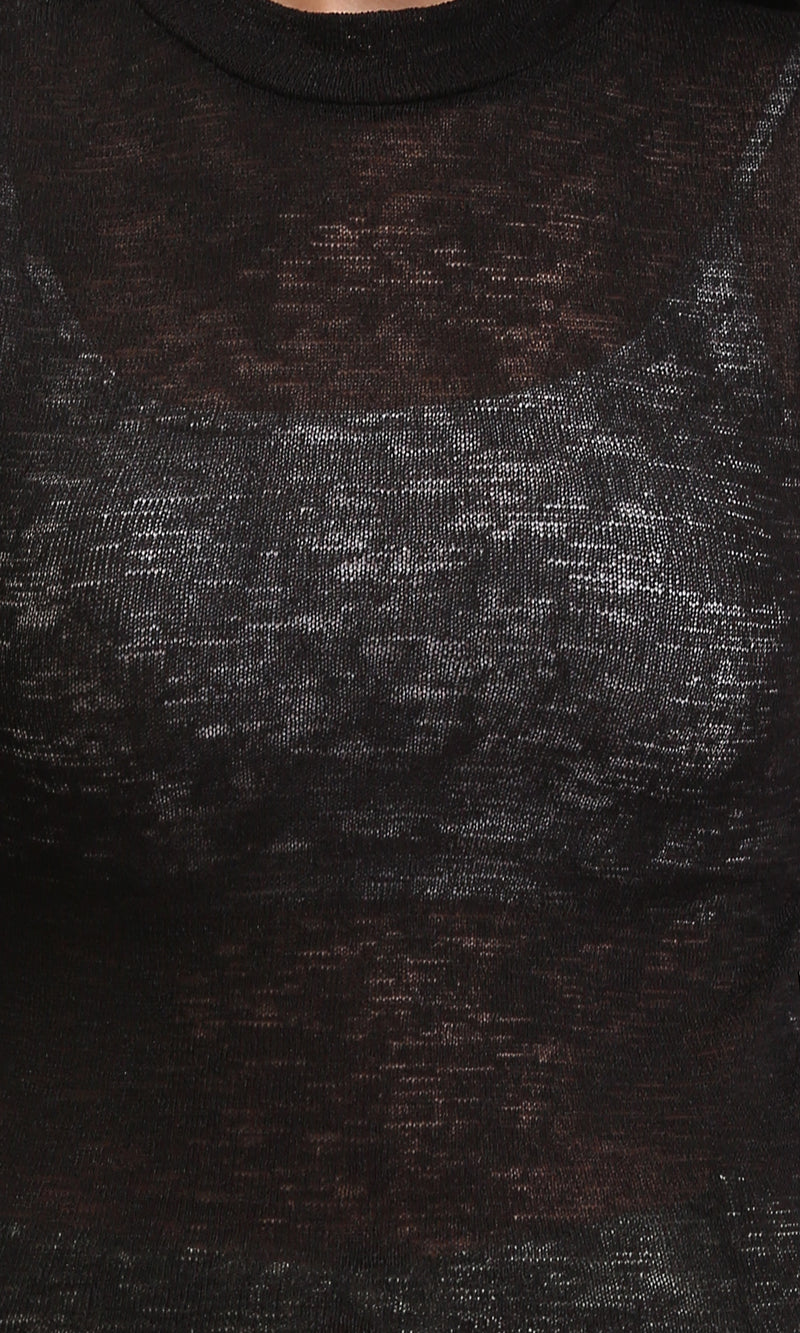 R213769 - Long Sleeves Mock Neck Sheer Top - Black