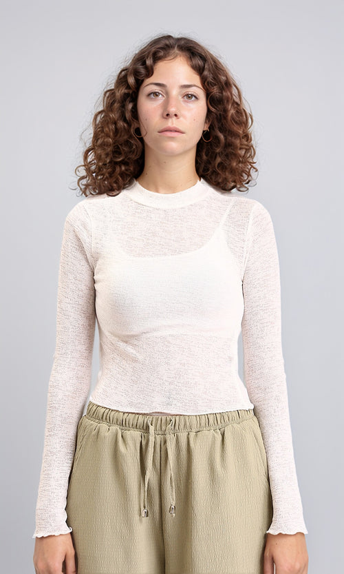 R213770 - Long Sleeves Mock Neck Sheer Top - Off-White