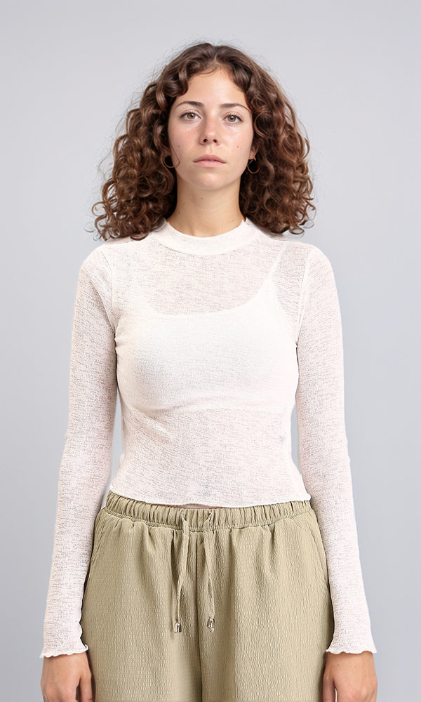 R213770 - Long Sleeves Mock Neck Sheer Top - Off-White
