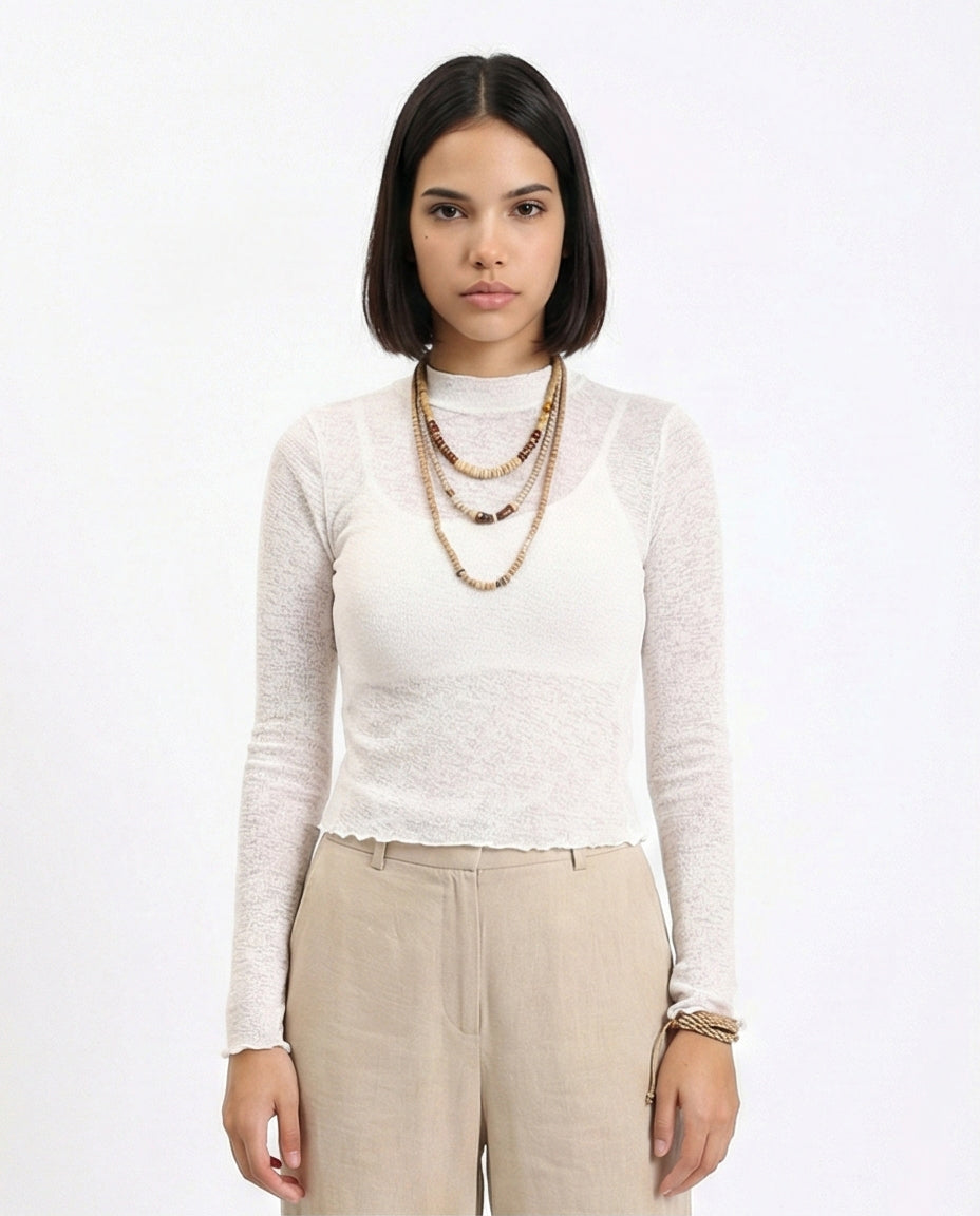 Long Sleeves Mock Neck Sheer Top - Off-White