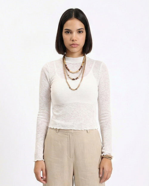 R213770 - Long Sleeves Mock Neck Sheer Top - Off-White