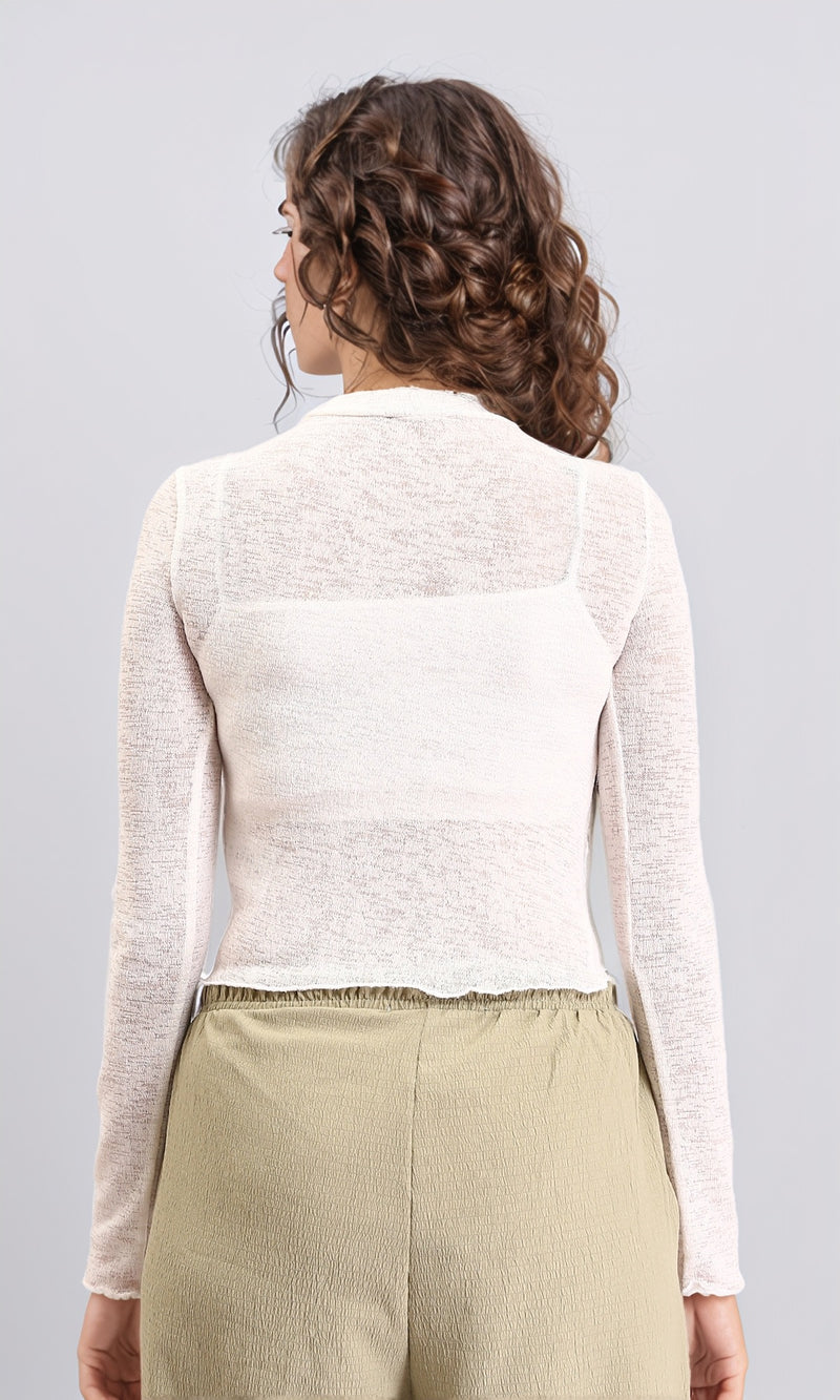 R213770 - Long Sleeves Mock Neck Sheer Top - Off-White