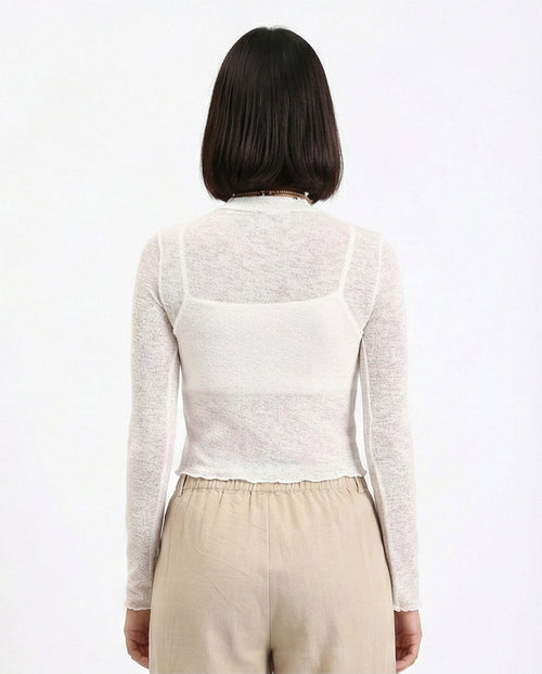 R213770 - Long Sleeves Mock Neck Sheer Top - Off-White
