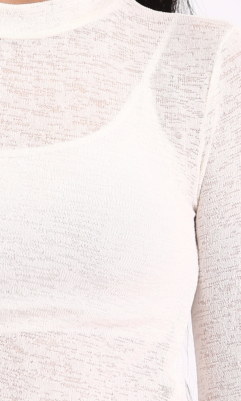 R213770 - Long Sleeves Mock Neck Sheer Top - Off-White