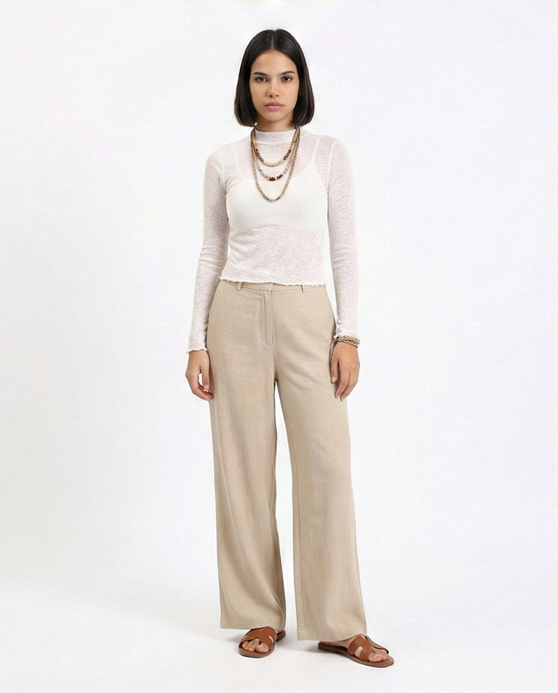 R213770 - Long Sleeves Mock Neck Sheer Top - Off-White