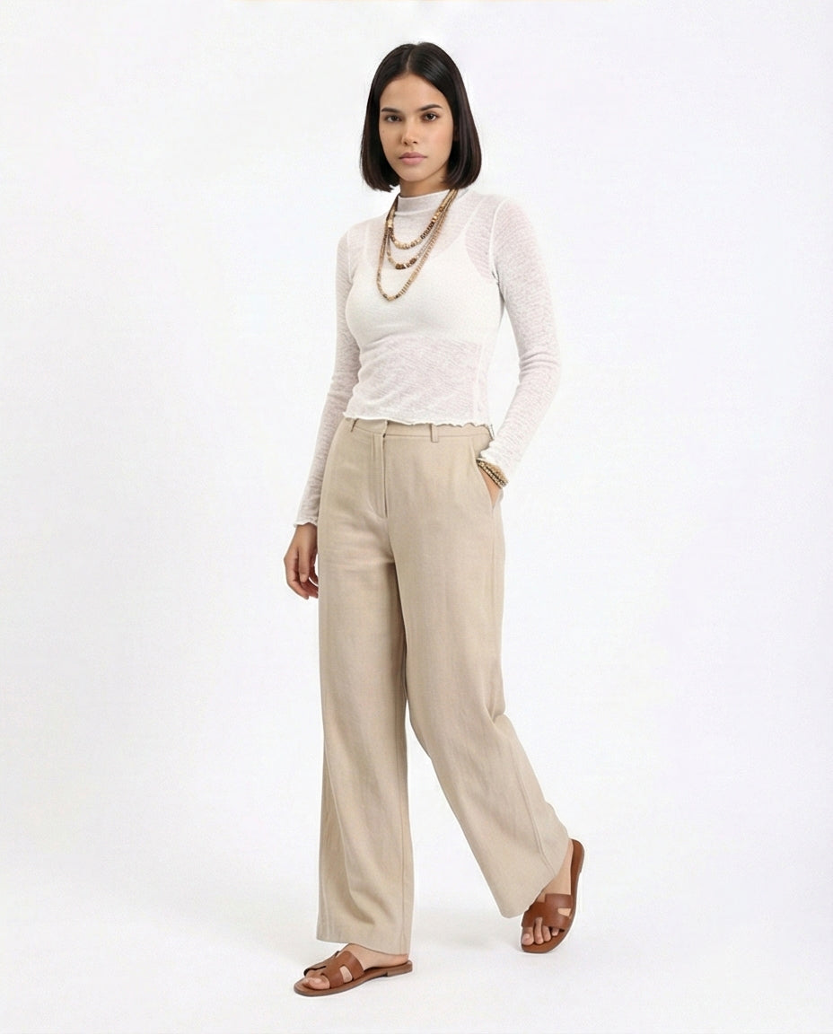 R213770 - Long Sleeves Mock Neck Sheer Top - Off-White