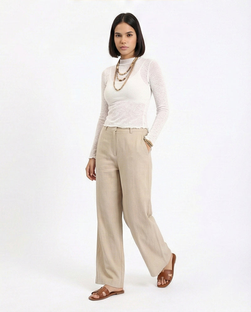 R213770 - Long Sleeves Mock Neck Sheer Top - Off-White