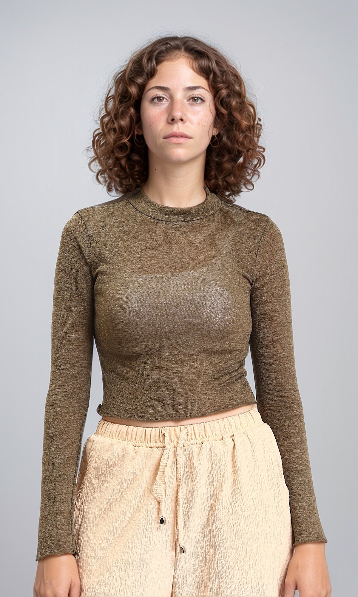 Long Sleeves Mock Neck Sheer Top - Dark Khaki