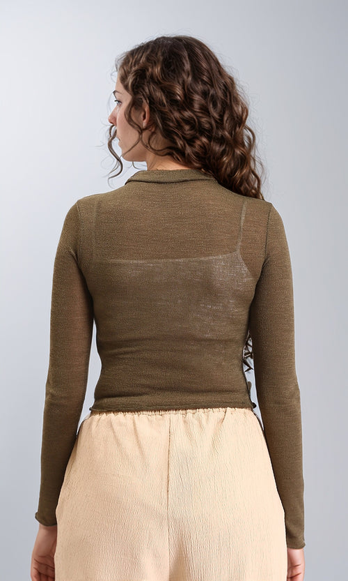 R213771 - Long Sleeves Mock Neck Sheer Top - Dark Khaki