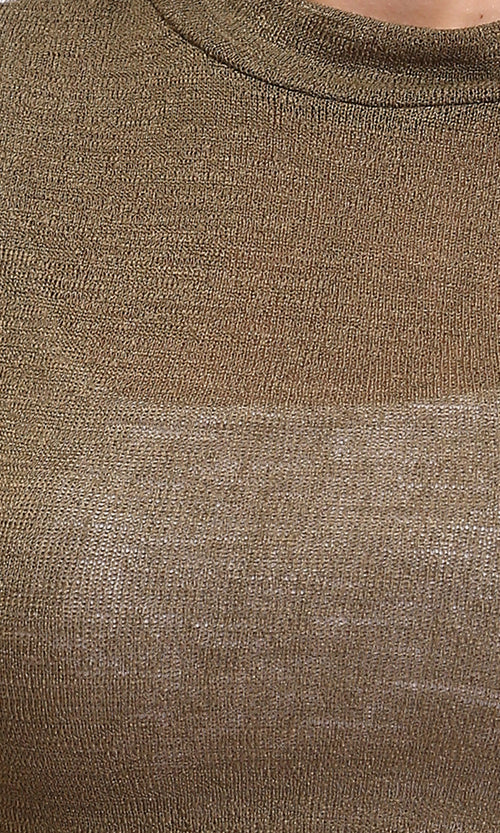 R213771 - Long Sleeves Mock Neck Sheer Top - Dark Khaki