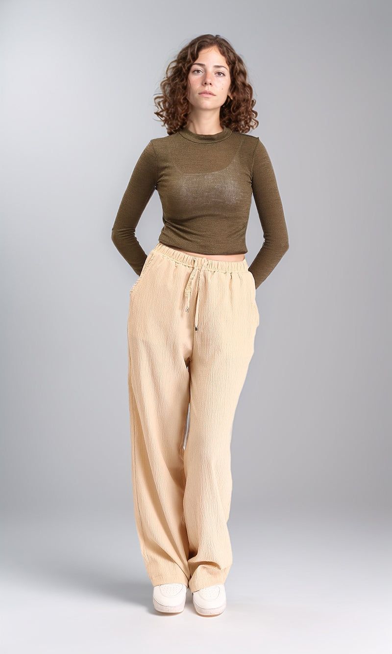 R213771 - Long Sleeves Mock Neck Sheer Top - Dark Khaki