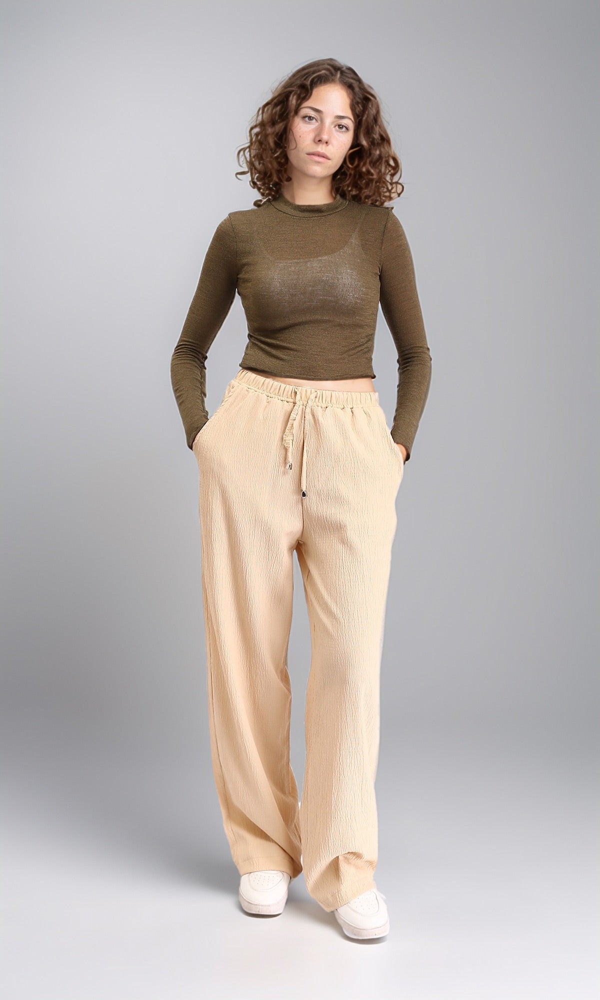 R213771 - Long Sleeves Mock Neck Sheer Top - Dark Khaki