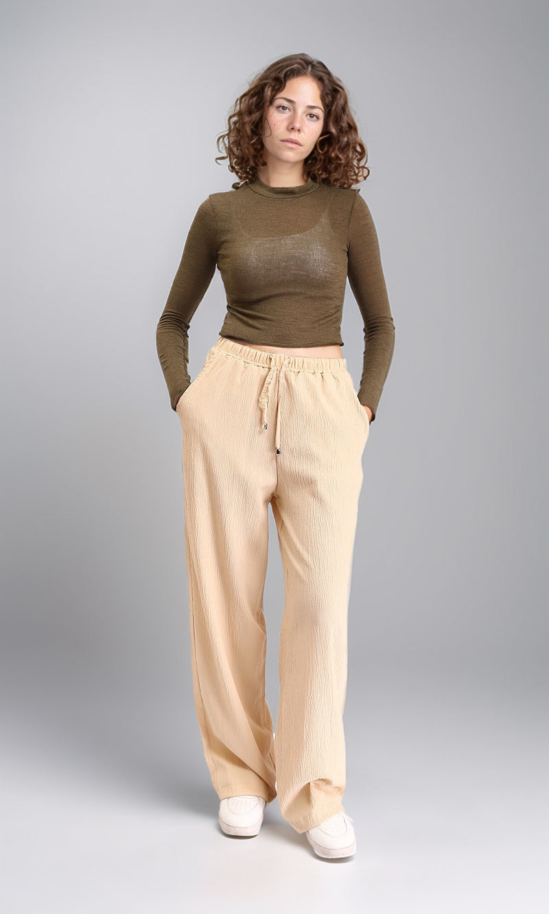 R213771 - Long Sleeves Mock Neck Sheer Top - Dark Khaki