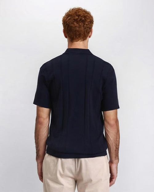 Ravin Men’s Textured Knit Split-Neck Polo – Navy Blue Ribbed Short Sleeve - R213773