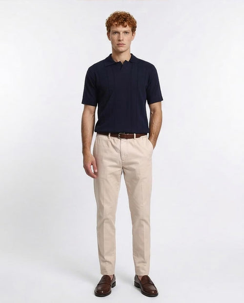 Ravin Men’s Textured Knit Split-Neck Polo – Navy Blue Ribbed Short Sleeve - R213773