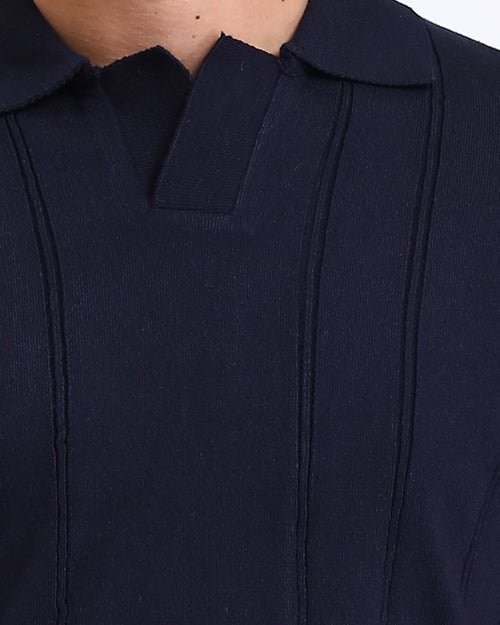 Ravin Men’s Textured Knit Split-Neck Polo – Navy Blue Ribbed Short Sleeve - R213773