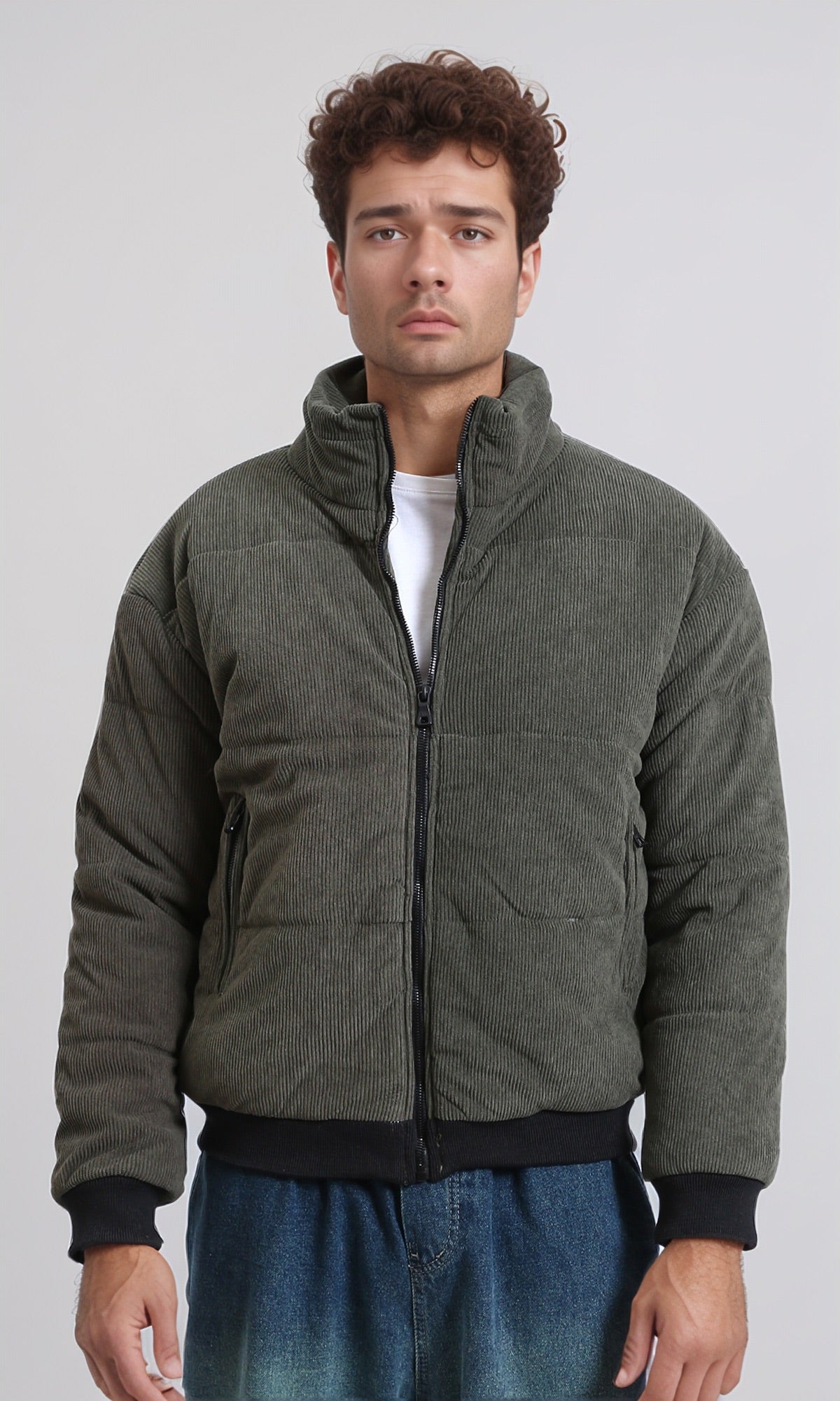 Corduroy Puffer Jacket with Side Pockets - Dark Khaki