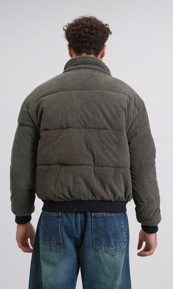 R213972 - Corduroy Puffer Jacket with Side Pockets - Dark khaki
