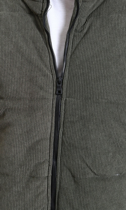 R213972 - Corduroy Puffer Jacket with Side Pockets - Dark khaki