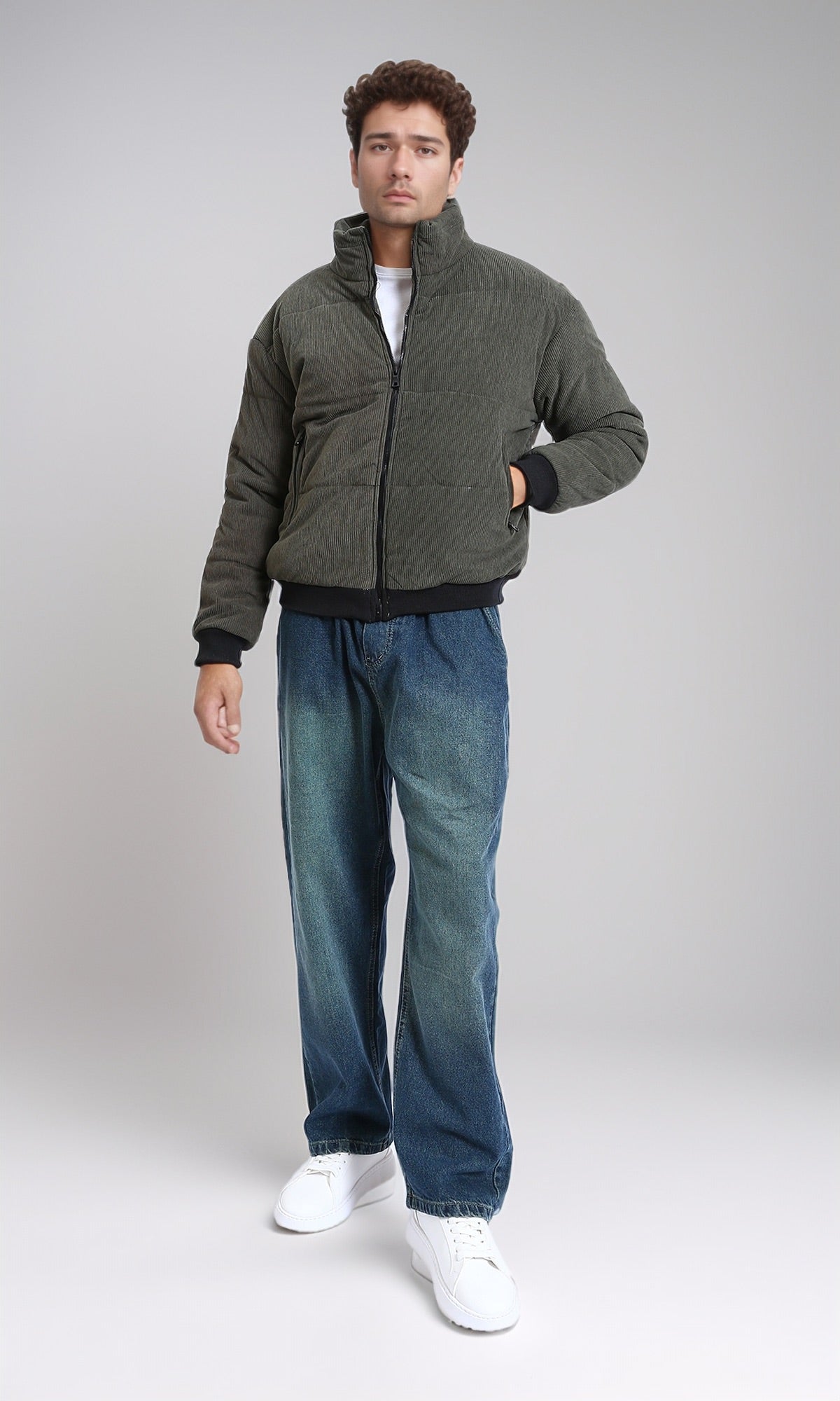 R213972 - Corduroy Puffer Jacket with Side Pockets - Dark khaki