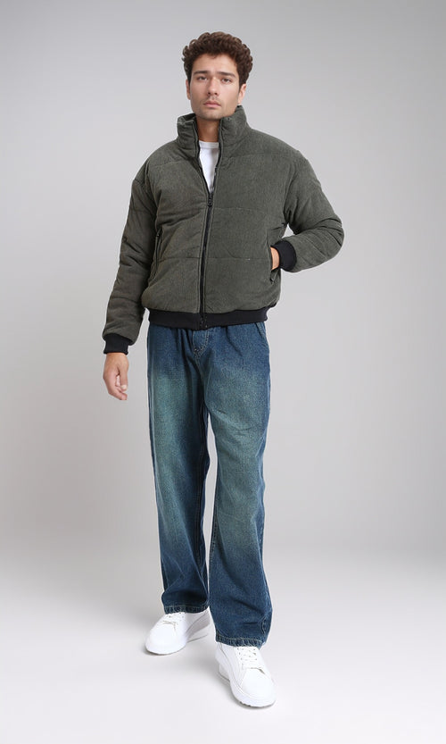 R213972 - Corduroy Puffer Jacket with Side Pockets - Dark khaki