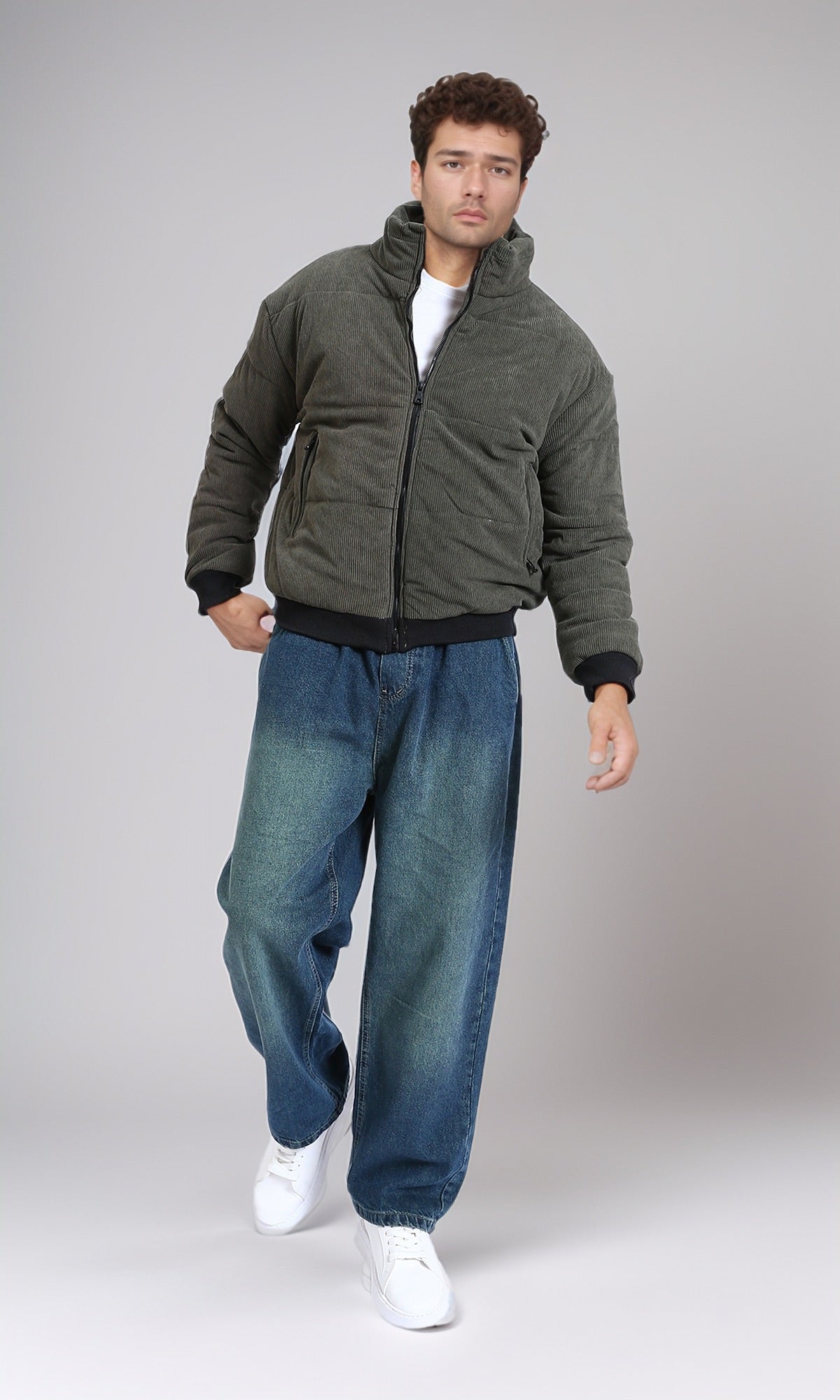 R213972 - Corduroy Puffer Jacket with Side Pockets - Dark khaki