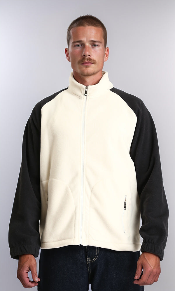 R214031 - Bi-Tone Long Sleeves Coziness Jacket - Off-White & Black