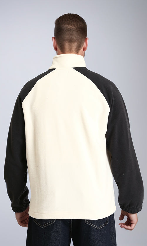 R214031 - Bi-Tone Long Sleeves Coziness Jacket - Off-White & Black