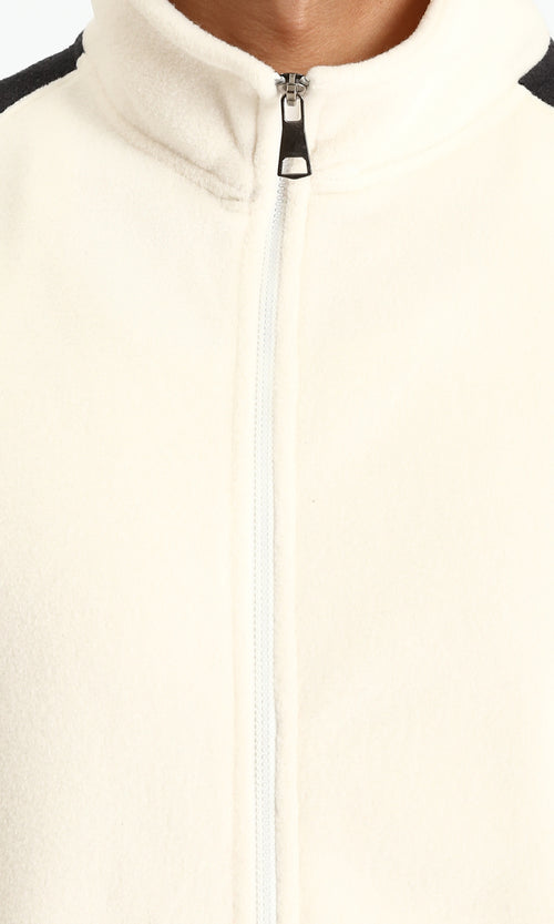 R214031 - Bi-Tone Long Sleeves Coziness Jacket - Off-White & Black