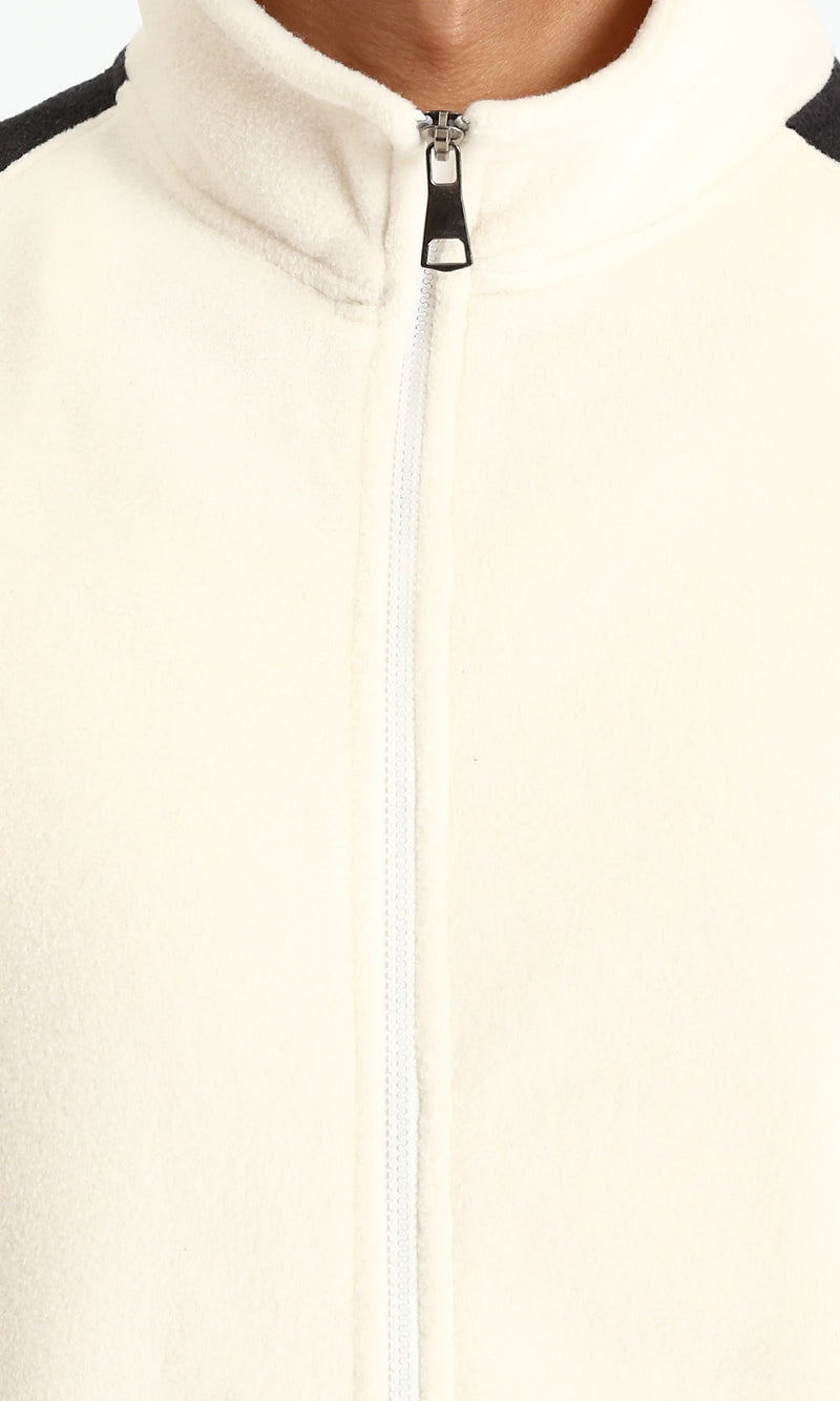 R214031 - Bi-Tone Long Sleeves Coziness Jacket - Off-White & Black