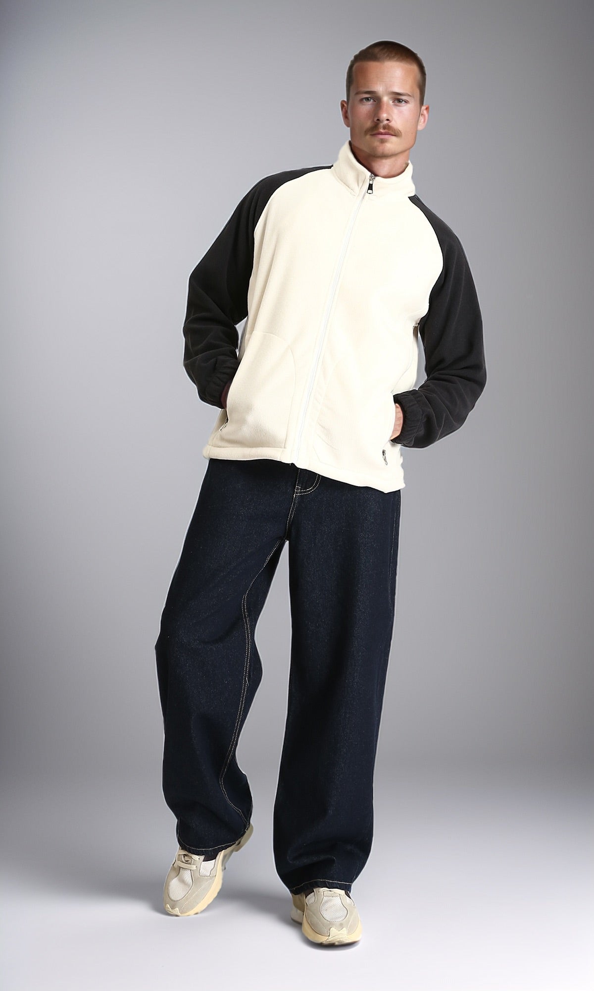 R214031 - Bi-Tone Long Sleeves Coziness Jacket - Off-White & Black