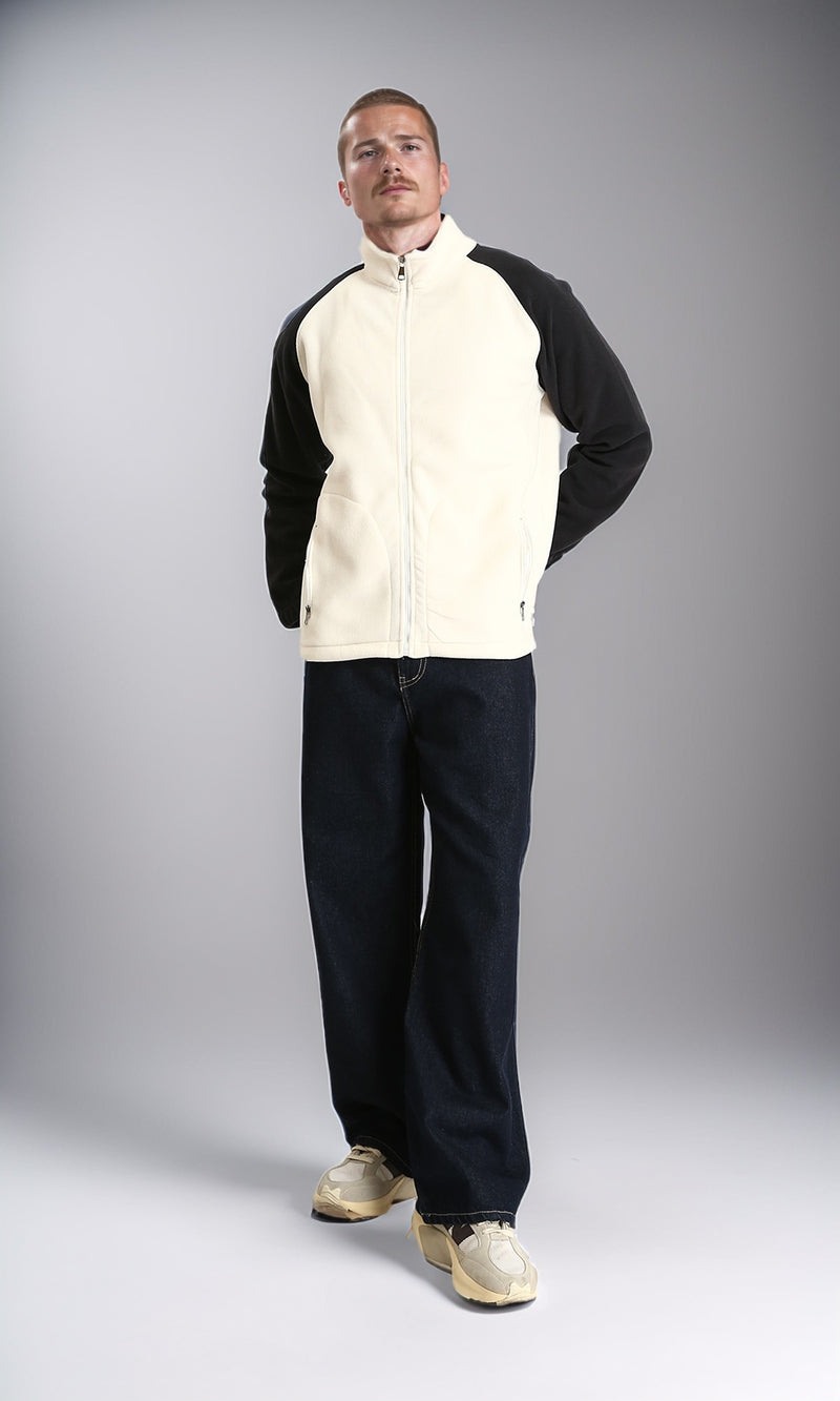 R214031 - Bi-Tone Long Sleeves Coziness Jacket - Off-White & Black