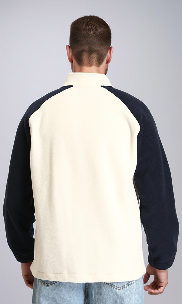 R214032 - Bi-Tone Long Sleeves Coziness Jacket - Off-White & Navy Blue