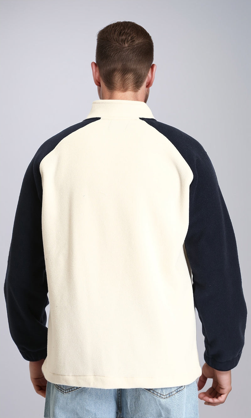 R214032 - Bi-Tone Long Sleeves Coziness Jacket - Off-White & Navy Blue