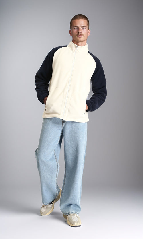 R214032 - Bi-Tone Long Sleeves Coziness Jacket - Off-White & Navy Blue