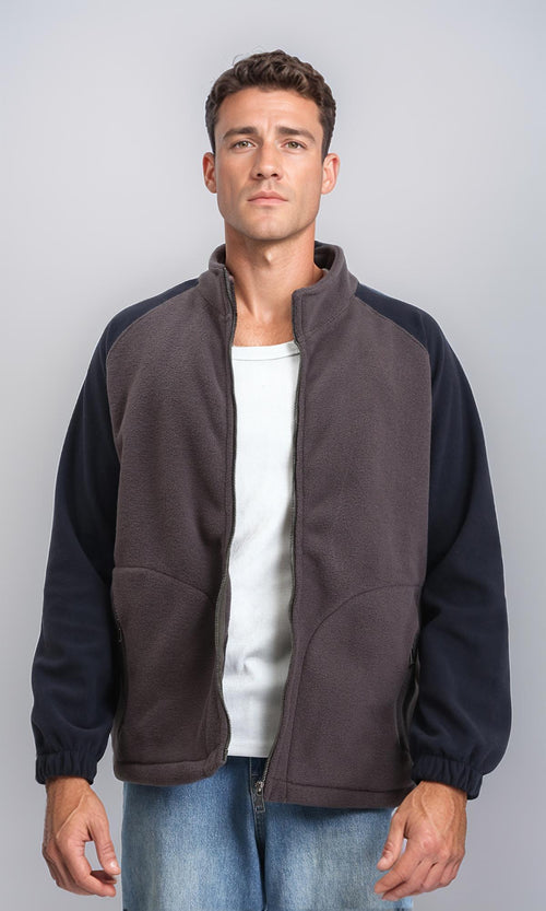 R214033 - Bi-Tone Stand Collar Ziipped Jacket - Dark Taupe & Navy Blue