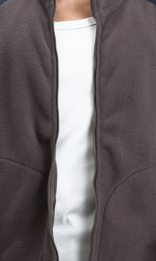 R214033 - Bi-Tone Stand Collar Ziipped Jacket - Dark Taupe & Navy Blue