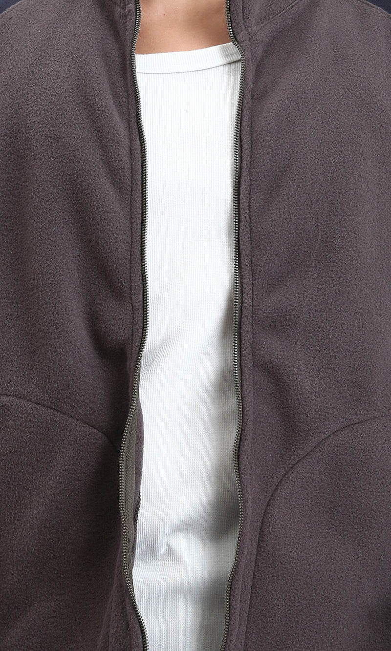 R214033 - Bi-Tone Stand Collar Ziipped Jacket - Dark Taupe & Navy Blue