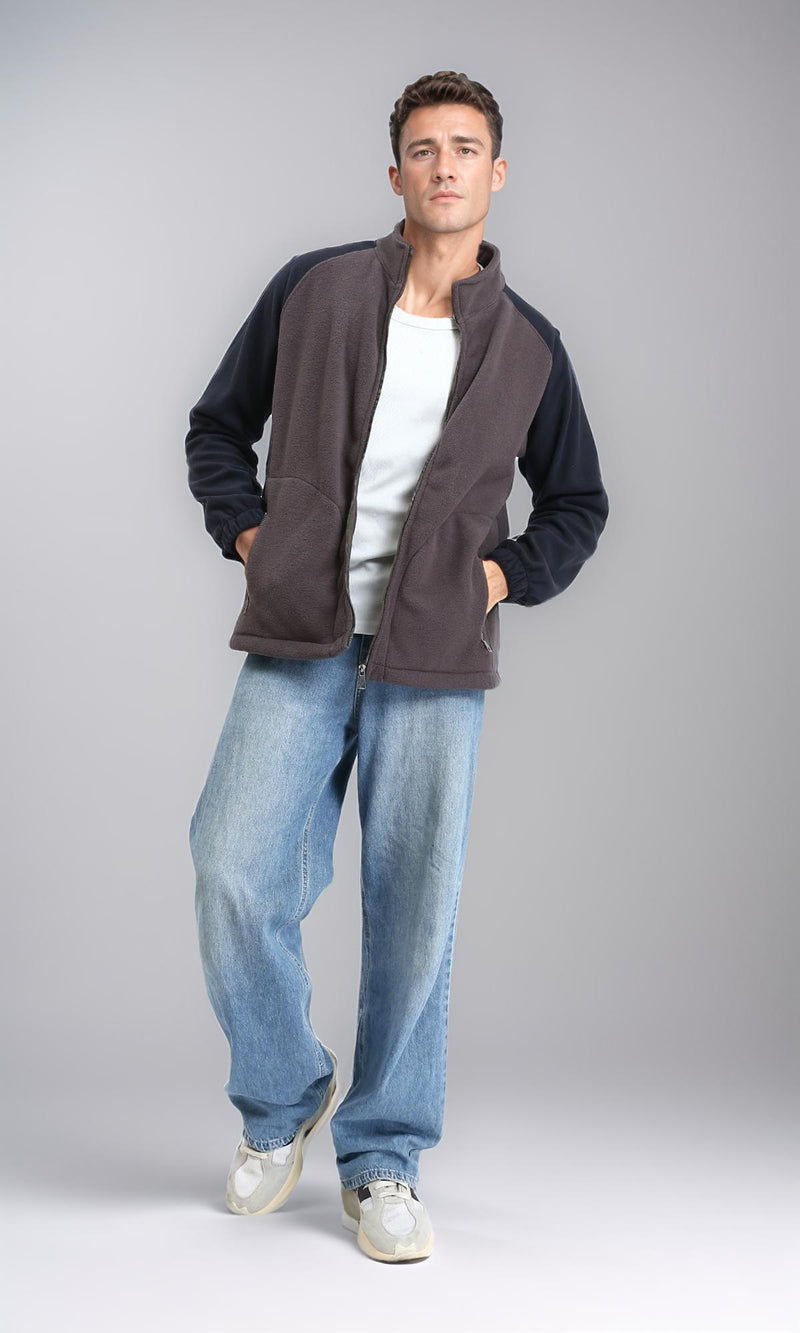 R214033 - Bi-Tone Stand Collar Ziipped Jacket - Dark Taupe & Navy Blue