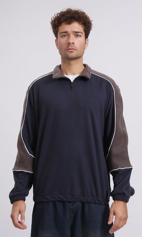 R214034 - Zipped Neck Comfy Sweater - Navy Blue & Brown